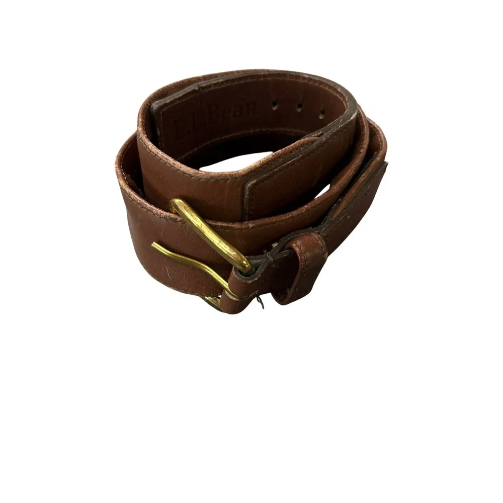 LL Bean Money Belt Mens 30 Brown Good Leather Solid Brass Zipper Pocket